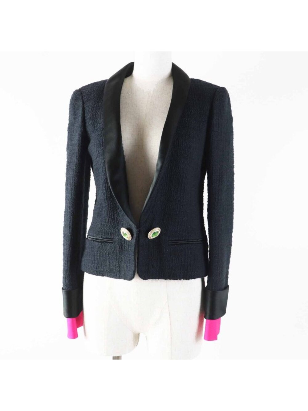 Chanel 12A Silk Gripoix Button Shawl Color Tweed Jacket Black Rose 36